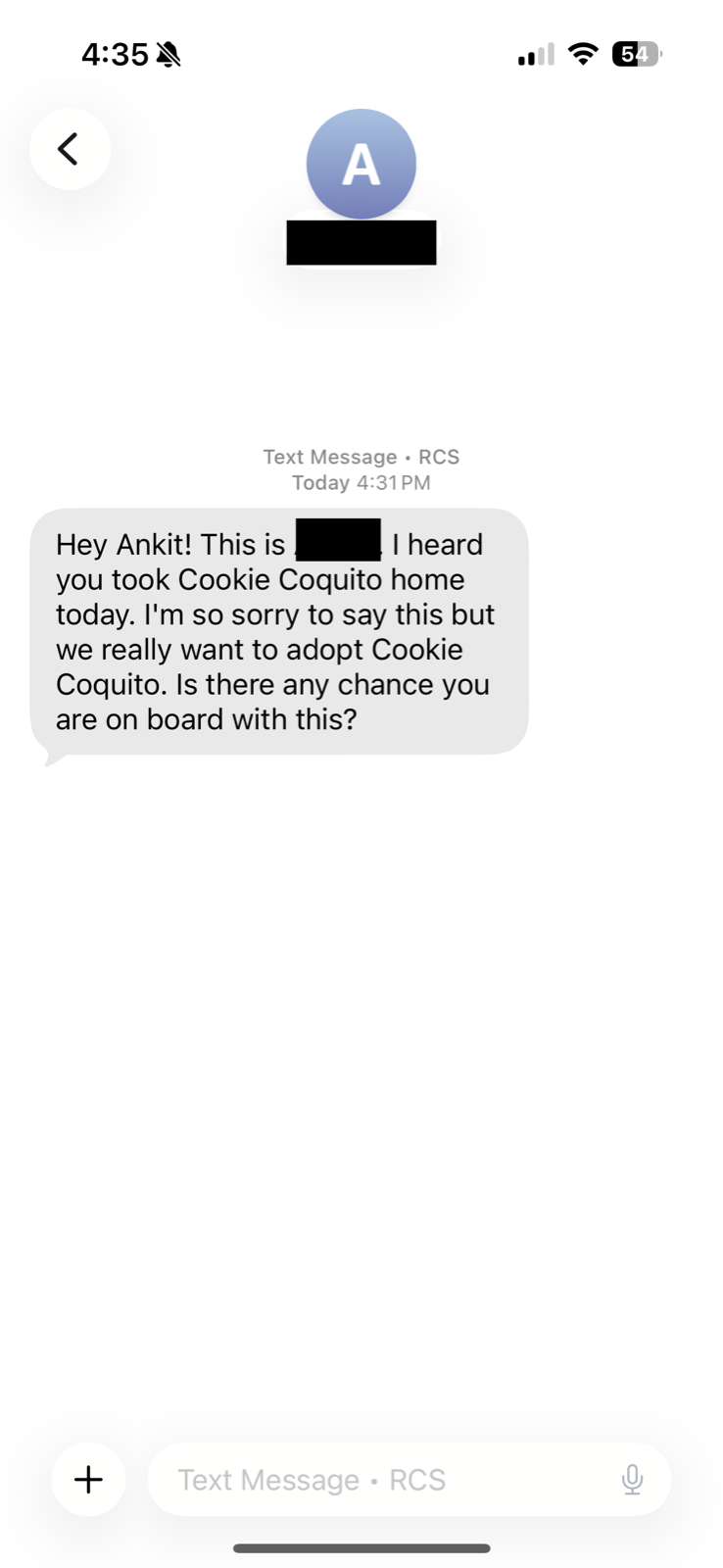First text from Fio's former foster mom.