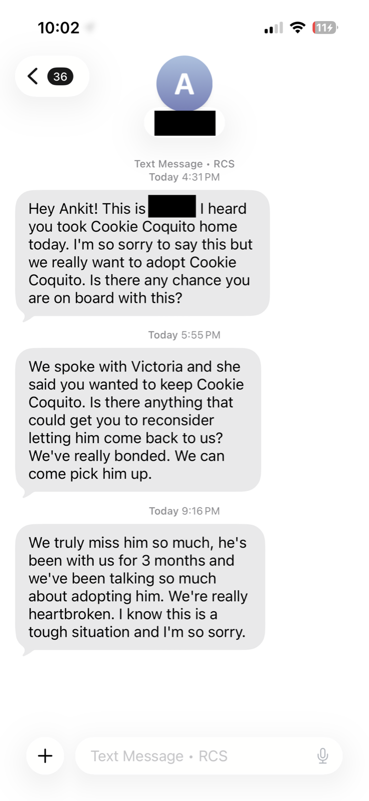 Third text from Fio's former foster mom.